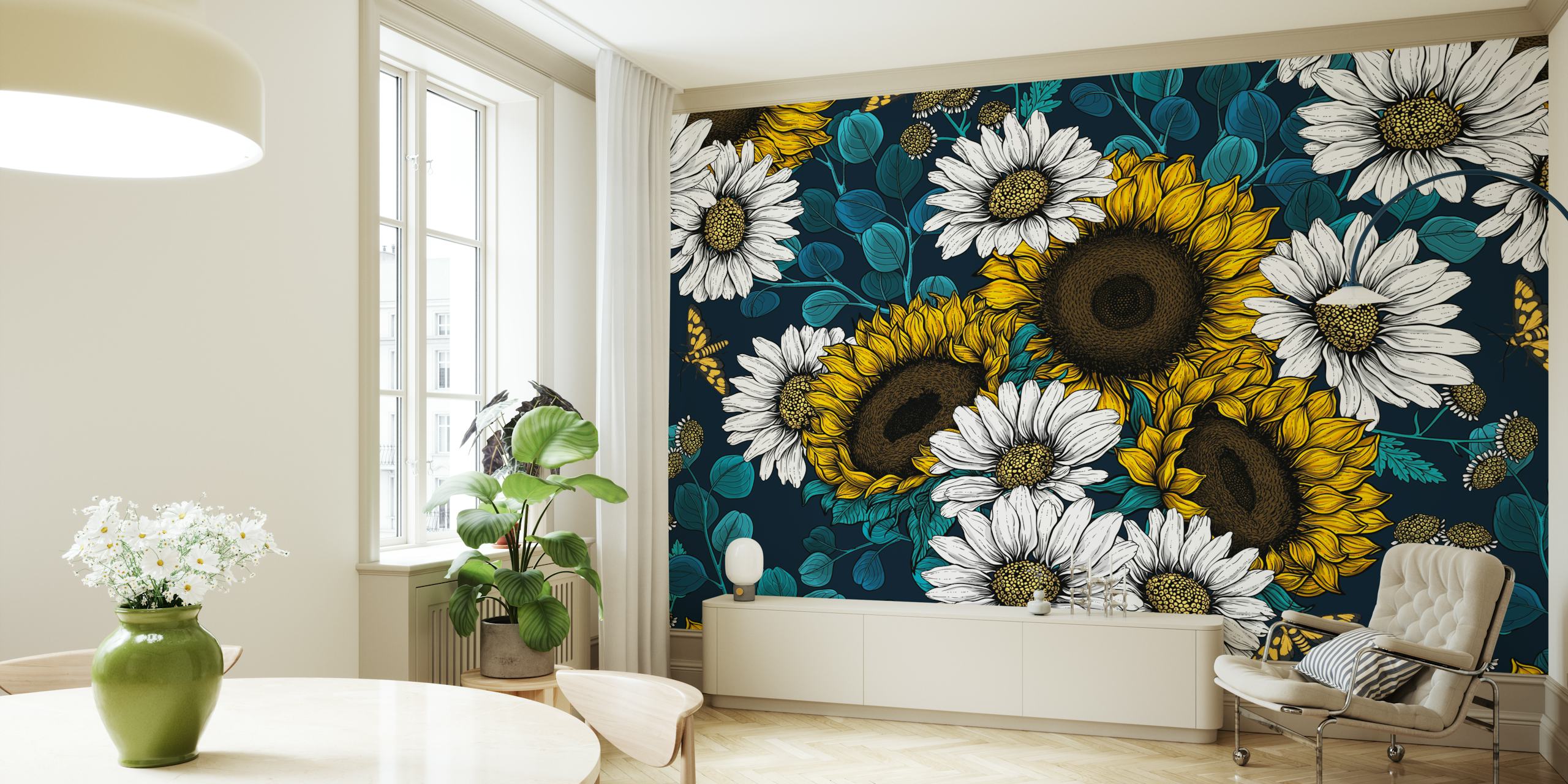 Vibrante murale con girasoli e margherite su uno sfondo blu intenso